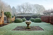 WOLLERTON OLD HALL, SHROPSHIRE: NOVEMBER, FROST, WINTER, THE FONT GARDEN, CLIPPED TOPIARY, BEECH HEDGES, HEDGING, WALLS, SUMMERHOUSE