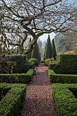 WOLLERTON OLD HALL, SHROPSHIRE: FROST , WINTER, NOVEMBER, PATHS, THE NEW WELL GARDEN, CLIPPED TOPIARY YEWS, HEDGES, HEDGING