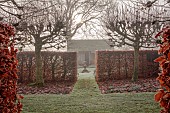 WOLLERTON OLD HALL, SHROPSHIRE: NOVEMBER, FROST, WINTER, LAWN, GRASS PATH, BEECH HEDGES, HEDGING, SUNDIAL GARDEN, BUILDING, SUMMERHOUSE