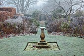 WOLLERTON OLD HALL, SHROPSHIRE: NOVEMBER, FROST, WINTER, THE SUNDIAL GARDEN, LAWN, GRASS