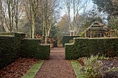 WOLLERTON OLD HALL, SHROPSHIRE: NOVEMBER, FROST, WINTER, PATH, YEW HEDGES, HEDGING, WOODEN PERGOLA, BIRCHES