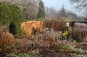 WOLLERTON OLD HALL, SHROPSHIRE: NOVEMBER, FROST, WINTER, LANHYDROCK GARDEN, PERENNIALS, WALLS, WOODEN BENCH