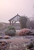 WOLLERTON OLD HALL, SHROPSHIRE: NOVEMBER, FROST, WINTER, LANHYDROCK, PATH, GRASSES, WOODEN PERGOLA