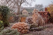 WOLLERTON OLD HALL, SHROPSHIRE: NOVEMBER, FROST, WINTER, GRASSES, GATE, VIEW FROM LANHYDROCK GARDEN TOWARDS THE OLD SUMMERHOUSE