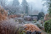WOLLERTON OLD HALL, SHROPSHIRE: NOVEMBER, FROST, WINTER, HEDGES, HEDGING, LANHYDROCK, GRASSES, PERENNIALS, WALLS