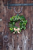 WOLLERTON OLD HALL, SHROPSHIRE: WREATH ON FRONT DOOR, CORYLUS AVELANA, TAXUS BACCATA, HEDERA, ILEX AQUIFOLIUM, PITTOSPORUM TENUIFOLIUM IRENE PATTERSON