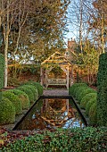 WOLLERTON OLD HALL, SHROPSHIRE: DECEMBER, WINTER, THE RILL GARDEN, WATER, PERGOLA