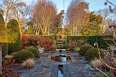 WOLLERTON OLD HALL, SHROPSHIRE: THE RILL GARDEN, WATER, BENCH, WOODEN PERGOLA