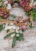 WOLLERTON OLD HALL, SHROPSHIRE: WREATH MAKING, CORNUS SIBERICA, LUNARIA ANNUA, YEW, HYDRANGEA WESTFALEN, CALAMAGROSTIS BRACHYTRICHA, EUONYMUS HAMILTONIANUS