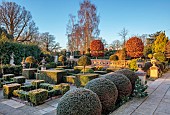 THE LASKETT GARDEN, HEREFORDSHIRE: WINTER, FROST, JANUARY, HOWDAH COURT, FORMAL GARDEN IN FRONT OF THE HOUSE, CLIPPED TOPIARY, KNOT GARDEN