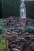 THE LASKETT GARDEN, HEREFORDSHIRE: WINTER, FROST, JANUARY, THE PIERPONT MORGAN ROSE GARDEN, SEDUM MATRONA, STATUE