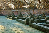 HELMINGHAM HALL GARDENS, SUFFOLK: WINTER, FROST, JANUARY, BOX PARTERRE, CLIPPED TOPIARY, HEGDES, HEDGING, STONE URN