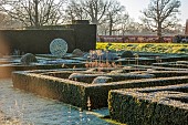 HELMINGHAM HALL GARDENS, SUFFOLK: WINTER, FROST, JANUARY, THE KNOT GARDEN, BOX HEDGES, HEDGING, YEW HEDGES