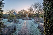 HELMINGHAM HALL GARDENS, SUFFOLK: WINTER, FROST, JANUARY, ROSE GARDEN, PATHS, HEDGES, HEDGING