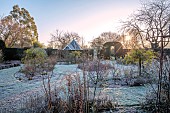 HELMINGHAM HALL GARDENS, SUFFOLK: WINTER, FROST, JANUARY, ROSE GARDEN, PATHS, HEDGES, HEDGING