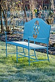 HELMINGHAM HALL GARDENS, SUFFOLK: WINTER, FROST, JANUARY, THE WALLED GARDEN, BLUE BENCH, SEAT ON LAWN