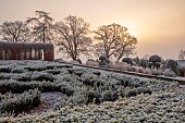 BROUGHTON GRANGE GARDENS, OXFORDSHIRE: WINTER, FROST, JANUARY, PARTERRE, HORNBEAM HEDGES, HEDGING, SUNRISE