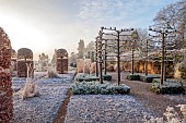 BROUGHTON GRANGE GARDENS, OXFORDSHIRE: WINTER, FROST, JANUARY, WALLED GARDEN, SARCOCOCCA CONFUSA, TILIA X EUROPAEA PALLIDA, FAGUS SYLVATICA, BEECH, TOPIARY
