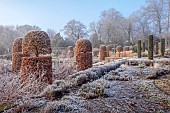 BROUGHTON GRANGE GARDENS, OXFORDSHIRE: WINTER, FROST, JANUARY, BEECH HEDGES, HEDGING, CLIPPED, TOPIARY, FAGUS SYLVATICA