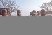BROUGHTON GRANGE GARDENS, OXFORDSHIRE: WINTER, FROST, JANUARY, BEECH HEDGES, HEDGING, CLIPPED, TOPIARY, FAGUS SYLVATICA, POOL, POND, WATER, STEPPING STONES