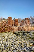 BROUGHTON GRANGE GARDENS, OXFORDSHIRE: WINTER, FROST, JANUARY, BEECH HEDGES, HEDGING, CLIPPED, TOPIARY, FAGUS SYLVATICA, WALL, PARTERRE