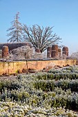 BROUGHTON GRANGE GARDENS, OXFORDSHIRE: WINTER, FROST, JANUARY, BEECH HEDGES, HEDGING, CLIPPED, TOPIARY, FAGUS SYLVATICA, WALL, PARTERRE, CORNUS KOUSA VAR. CHINENSIS