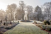 BROUGHTON GRANGE GARDENS, OXFORDSHIRE: WINTER, FROST, JANUARY, WINTER GARDEN, FOUNTAIN, LAWN