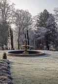 BROUGHTON GRANGE GARDENS, OXFORDSHIRE: WINTER, FROST, JANUARY, WINTER GARDEN, FOUNTAIN, LAWN
