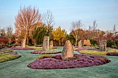 HOLME FOR GARDENS, DORSET, FEBRUARY, HENGE GARDEN, HOLME HENGE, STONE CIRCLE OF PURBECK STONE MONOLITHS, HEATHERS, PINES, WINTER GARDEN