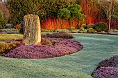 HOLME FOR GARDENS, DORSET, FEBRUARY, HENGE GARDEN, HOLME HENGE, STONE CIRCLE OF PURBECK STONE MONOLITHS, HEATHERS, PINES, WINTER GARDEN