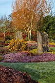 HOLME FOR GARDENS, DORSET, FEBRUARY, HENGE GARDEN, HOLME HENGE, STONE CIRCLE OF PURBECK STONE MONOLITHS, HEATHERS, PINES, WINTER GARDEN