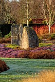 HOLME FOR GARDENS, DORSET, FEBRUARY, WINTER GARDEN, HENGE GARDEN, PURBECK MONOLITHS, HEATHERS, BETULA SILVER SHADOW, CORNUS SANGUINEA MIDWINTER FLAME