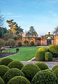 MORTON HALL GARDENS, WORCESTERSHIRE: SOUTH GARDEN, CLIPPED TOPIARY, LAWN, WALLS, WALLED GARDENS, FEBRUARY