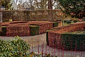 LITTLETHORPE MANOR, YORKSHIRE, FEBRUARY, WINTER GARDEN: FRONT GRAVEL DRIVE, HEDGES, HEDGING, BEECH, YEW, PLEACHED HORNBEAM