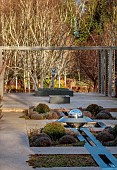 LITTLETHORPE MANOR, YORKSHIRE, FEBRUARY, WINTER GARDEN: STAINLESS STEEL RILL, WATER FEATURE, PERGOLA, BIRCHES, BETULA
