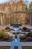 LITTLETHORPE MANOR, YORKSHIRE, FEBRUARY, WINTER GARDEN: STAINLESS STEEL RILL, WATER FEATURE, PERGOLA, BIRCHES, BETULA