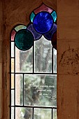 PAINSWICK ROCOCO GARDEN, GLOUCESTERSHIRE: MARCH, SPRING, STAINED GLASS WINDOW IN THE RED HOUSE, FOLLY, FOLLIES