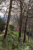 PAINSWICK ROCOCO GARDEN, GLOUCESTERSHIRE: MARCH, VIEW OF PAINSWICK HOUSE AND THE EAGLE HOUSE FROM THE RED HOUSE, SPRING