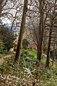 PAINSWICK ROCOCO GARDEN, GLOUCESTERSHIRE: MARCH, VIEW OF PAINSWICK HOUSE AND THE EAGLE HOUSE FROM THE RED HOUSE, SPRING