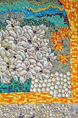 TRESCO ABBEY GARDEN, ISLES OF SCILLY: SPRING, MARCH, THE SHELL GROTTO, SHELL HOUSE MURAL BY LUCY DORRIEN-SMITH