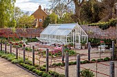 ASHBY MANOR HOUSE, NORTHAMPTONSHIRE, APRIL, THE WALLED GARDEN, TULIPS, CUTTING GARDEN, GLASSHOUSE, GREENHOUSE, WALLS
