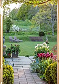 THE OLD RECTORY WARBLETON, EAST SUSSEX, APRIL, VIEW OUT OF BACK DOOR, PATH, LAWN, TULIPS