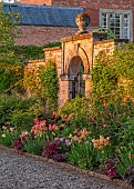 MORTON HALL GARDENS, WORCESTERSHIRE: KITCHEN GARDEN, BORDER, TULIP ANTOINETTE, AMAZING GRACE, DORDOGNE, BLACK HERO, IRIS MAUI MOONLIGHT, HEUCHERA AMETHYST MIST OR PLUM PUDDING