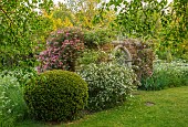 THE OLD RECTORY WRESTLINGWORTH, BEDFORDSHIRE: SPRING, MAY, FOLLY WITH HONEYSUCKLE, WHTE ROSE, ROSA DUNWICH ROSE, BUILDING