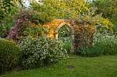 THE OLD RECTORY WRESTLINGWORTH, BEDFORDSHIRE: SPRING, MAY, FOLLY WITH HONEYSUCKLE, WHTE ROSE, ROSA DUNWICH ROSE, BUILDING