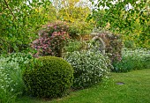 THE OLD RECTORY WRESTLINGWORTH, BEDFORDSHIRE: SPRING, MAY, FOLLY WITH HONEYSUCKLE, WHTE ROSE, ROSA DUNWICH ROSE, BUILDING