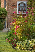 THE OLD VICARAGE, WORMLEIGHTON, WARWICKSHIRE: DESIGNER ANGEL COLLINS - BORDER, PINK, RED FLOWERS OF ROSE, ROSA CHINENSIS MUTABILIS, LAWN