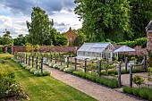 ASHBY MANOR HOUSE, NORTHAMPTONSHIRE: MAY, THE WALLED GARDEN, LAWN, WILDFLOWERS, PATH, DIANTHUS MRS SINKINS, OREGANUM AUREUM, ALLIUM SCHOENOPRASUM, CHIVES, GREENHOUSE