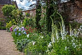 ASHBY MANOR HOUSE, NORTHAMPTONSHIRE: MAY, THE WALLED GARDEN, BORDER, IRIS JANE PHILLIPS, WHITE FOXGLOVES, PEONIES