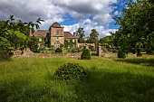 HODGES BARN, GLOUCESTERSHIRE: JUNE: CLIPPED BEECH, WILDFLOWERS, GATE, WALL, HOUSE